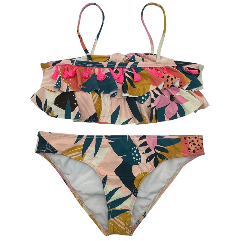 Beach Lingo Two-Piece Swimsuit Tropical Floral Tassel Girls Size 16 Pink Multi